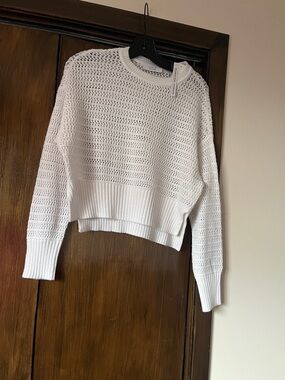 Crochet Open-Knit Crewneck Sweater in White
